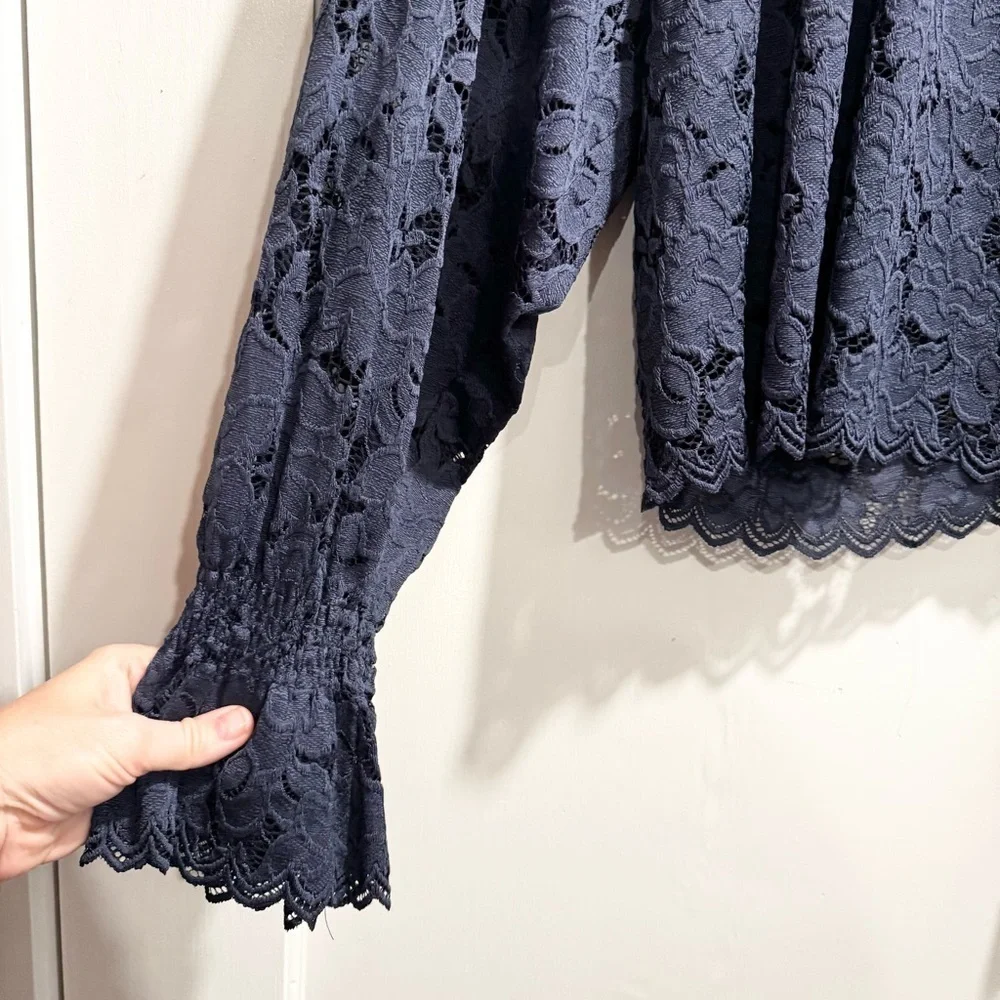 Free People Olivia Floral‎ Lace Top Navy Blue Medium Boho Sheer Peasant Cottage